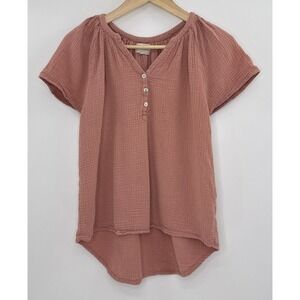 4our Dreamers‎ Gauze Button Blouse Short Sleeve High Low Blouse Sz Sm Beachy